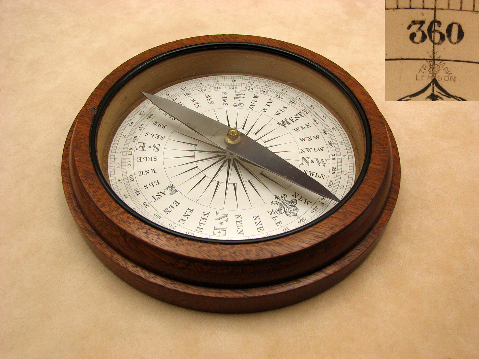 Late 19th century Francis Barker oak cased desktop compass
with Trademark London logo